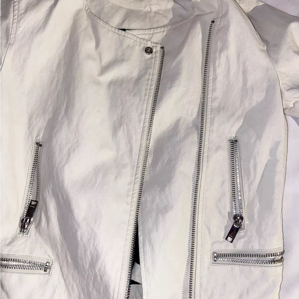 DKNY Women's Cream Leather Jacket with Zipper Accents